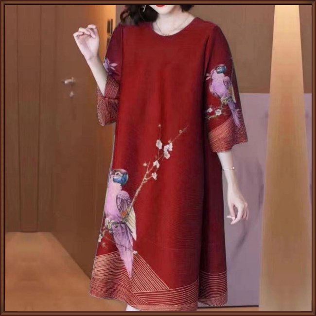 Đầm Chữ A Tay Lửng Dáng Rộng Cổ Tròn In Họa Tiết Hoa & Chim Kiểu Dân Tộc Thời Trang Mùa Hè Cho Nữ