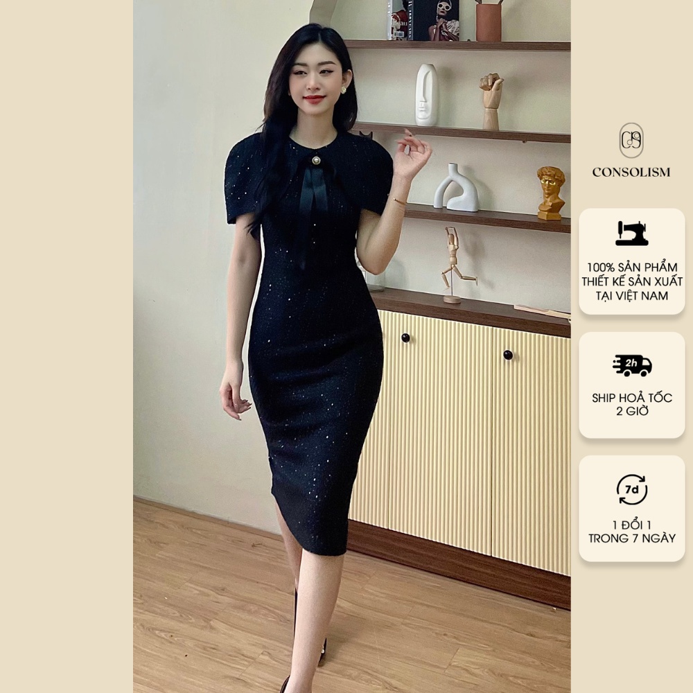 Váy dạ tweed SIMSA CONSOLISM tay ngắn có choàng vai dáng ôm body màu đen cá tính trendy DD007