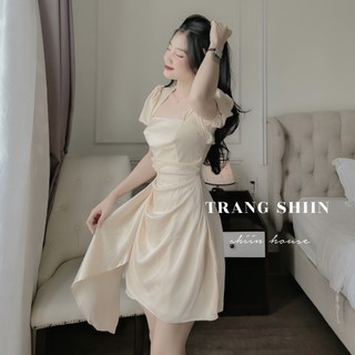 Đầm ngắn nữ cổ U ôm eo tùng A tà bèo hông chất phi lụa 2 lớp - Trang Shiin