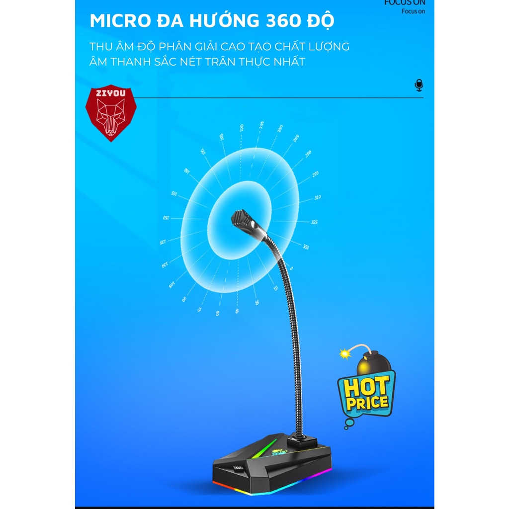 Micro Máy Tính, Laptop Ziyou MK10 LED RGB Thu Âm Chống Nhiễu Kết Nối Jack USB Hoặc 3.5mm Dùng Live Stream, Học Online | BigBuy360 - bigbuy360.vn