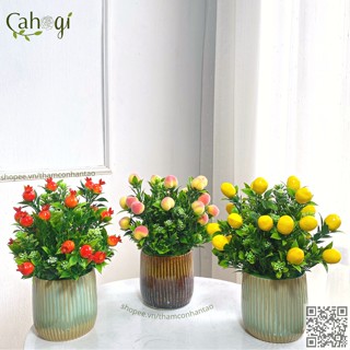Chậu Cây Hoa Giả Để Bàn - Cây Quả Giả Chery - Chanh - Đào - Lựu Phú Quý Cắm Sẵn 12x23 cm