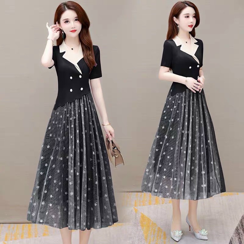 ( HÀNG NHẬP HONGKONG CAO CẤP) VÁY ĐẦM DỰ TIỆC -DÁNG XÒE LỤA DẬP LY DÀY MÁT - CỔ ÁO LỤA TRẮNG 2 VE ĐẮP CHÉO