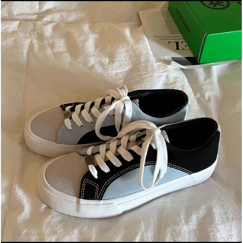 Giày thể thao đế bằng ulzzang phối da lộn màu sắc pastel xanh lá, xám