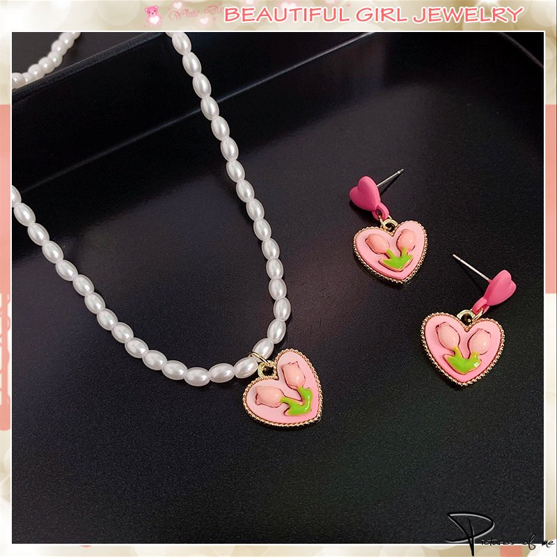 Vòng cổ Và Đôi Khuyên Tai Mặt Hoa Tulip Đính Ngọc Trai Thời Trang Dành Cho Nữ