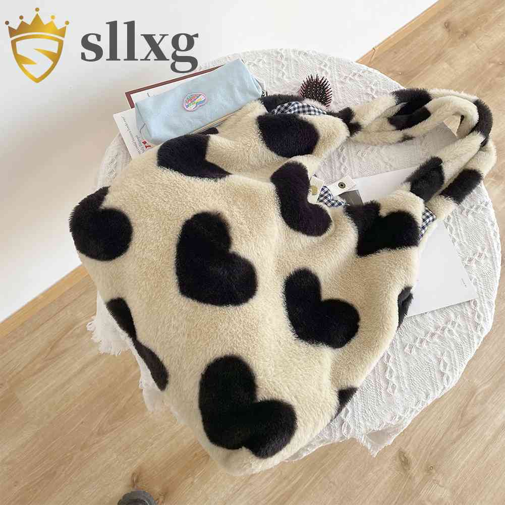 Túi Tote Đeo Vai Mùa Đông Kích Thước Lớn Họa Tiết Trái Tim Bằng Vải Lông