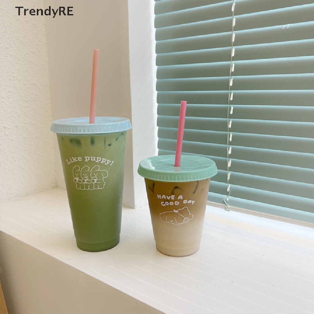 Bình Đựng Nước Lạnh Cà Phê Trà Sữa Kawaii Bằng Nhựa Có Nắp Kèm Ống Hút Hợp Thời Trang RE