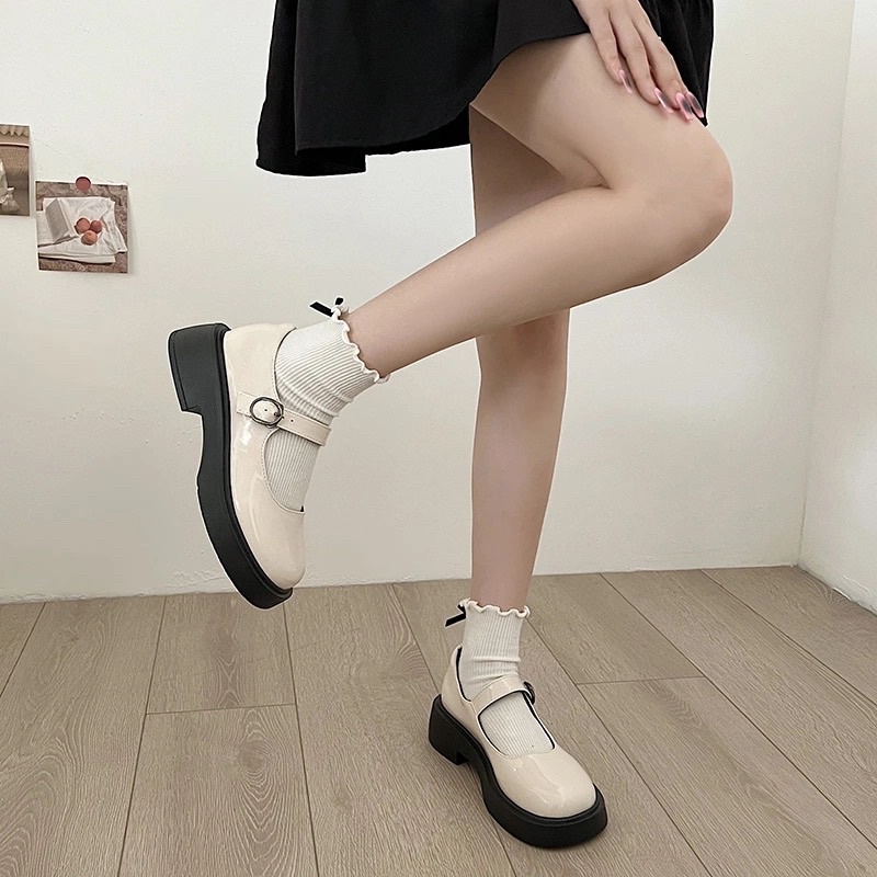 Giày nữ đế 3p, giày búp bê 2 màu trắng đen, giày lolita quai ngang xinh xắn