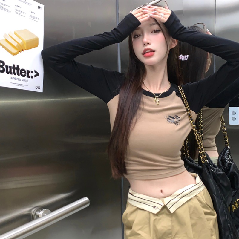 Áo Thun Tay Ngắn Dáng Ôm In Họa Tiết Màu Sắc Tương Phản Thời Trang Mùa Thu