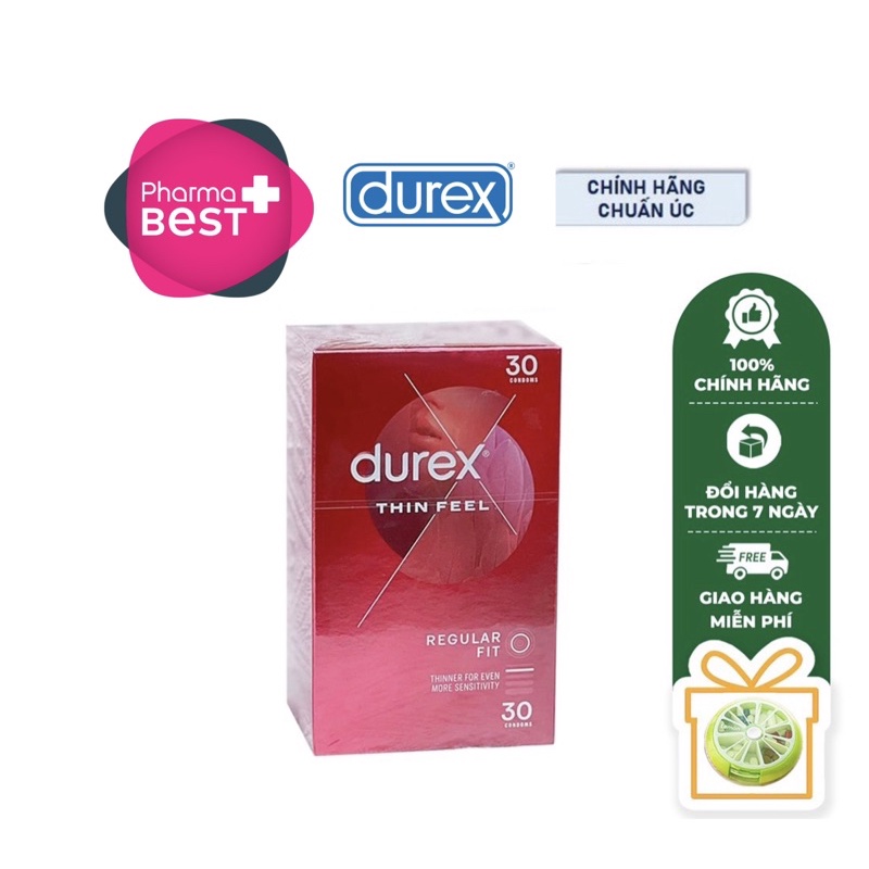 (Chuẩn Úc - Date 2027) Bao cao su DUREX THIN FEEL, Siêu mỏng, Hộp 30 chiếc DUREX
