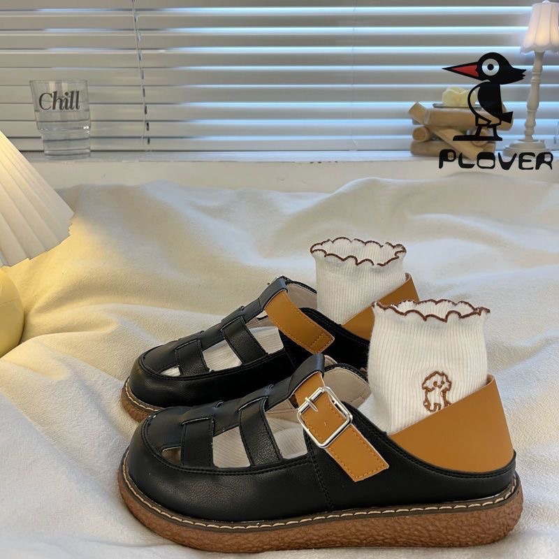 Giày Sandal Kín Mũi Mix Quai Nâu Cài Dễ Thương Kiểu Nhật