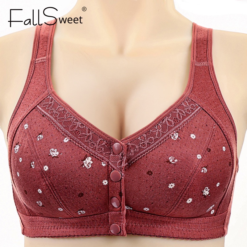 Áo ngực FALLSWEET không gọng in họa tiết cài khóa trước size lớn dành cho phụ nữ trung niên và người lớn tuổi

