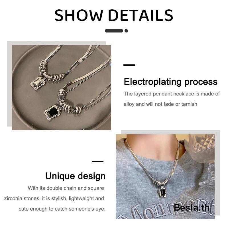 yakult Hip Hop Vuông Đính Đá Zircon 2 Lớp Vòng Cổ Nữ Thiết Kế Thu Đông Cảm Giác Áo Len Dây Chuyền