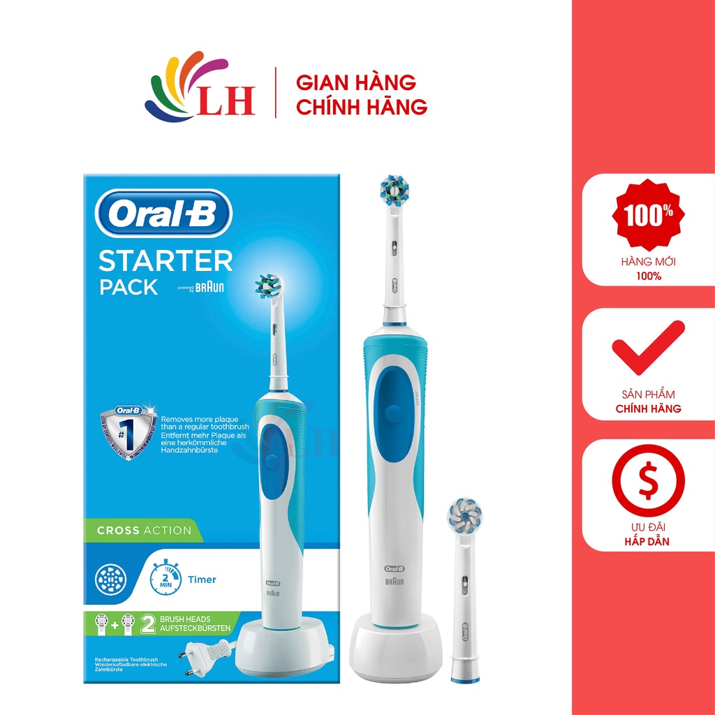Bàn chải điện Oral-B Vitality Starter Pack CrossAction (1 đầu Sensitive,1 đầu Crossaction) - Hàng nhập khẩu