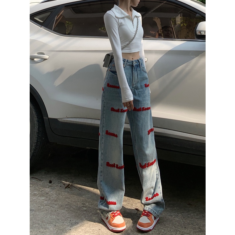 ZHELIHANGFEI Quần Jean Dài Lưng Cao Ống Rộng Thêu Họa Tiết Thời Trang Đường Phố Mỹ Cá Tính