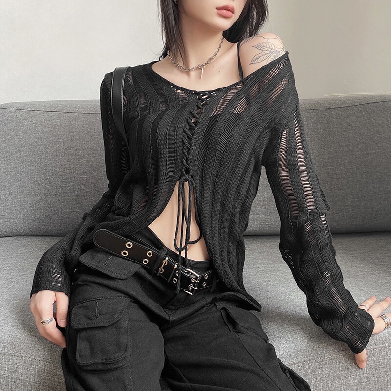 Áo kiểu WEIRD PUSS tay dài dáng lửng thiết kế xuyên thấu thời trang quyến rũ dành cho nữ
