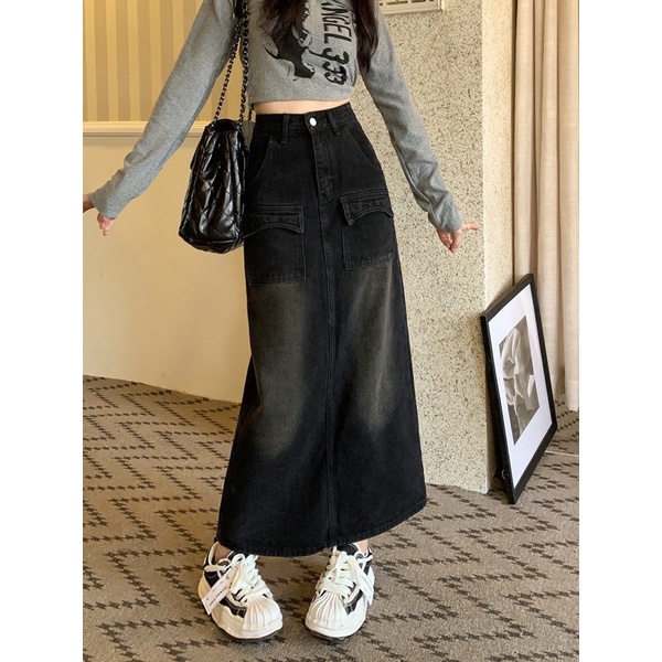 Chân váy denim dáng dài, chân váy jean dáng dài túi trước