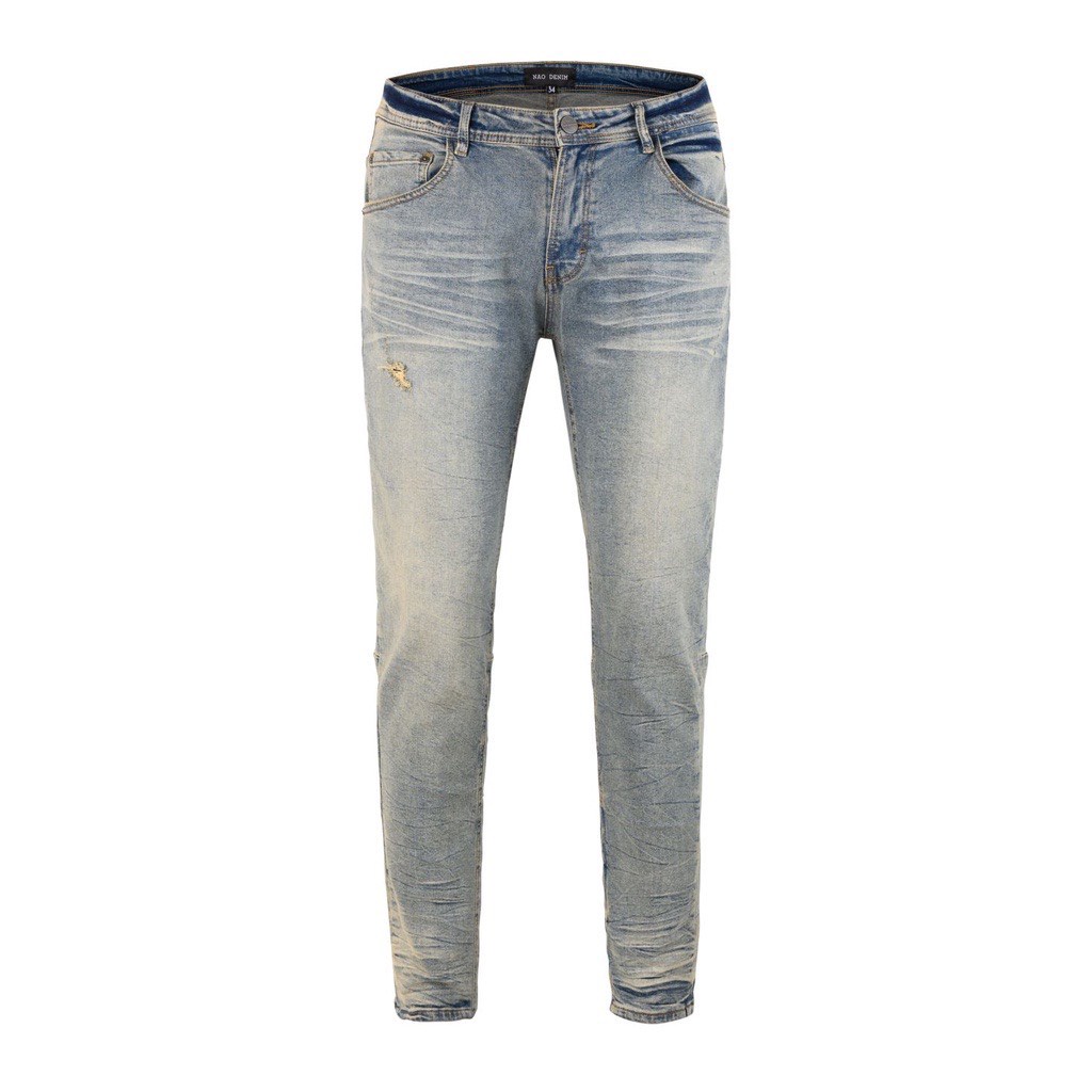 Quần jean nam cao cấp streetwear màu xanh wash có nếp gấp nhỏ, form slimfit, co giãn thoải mái.