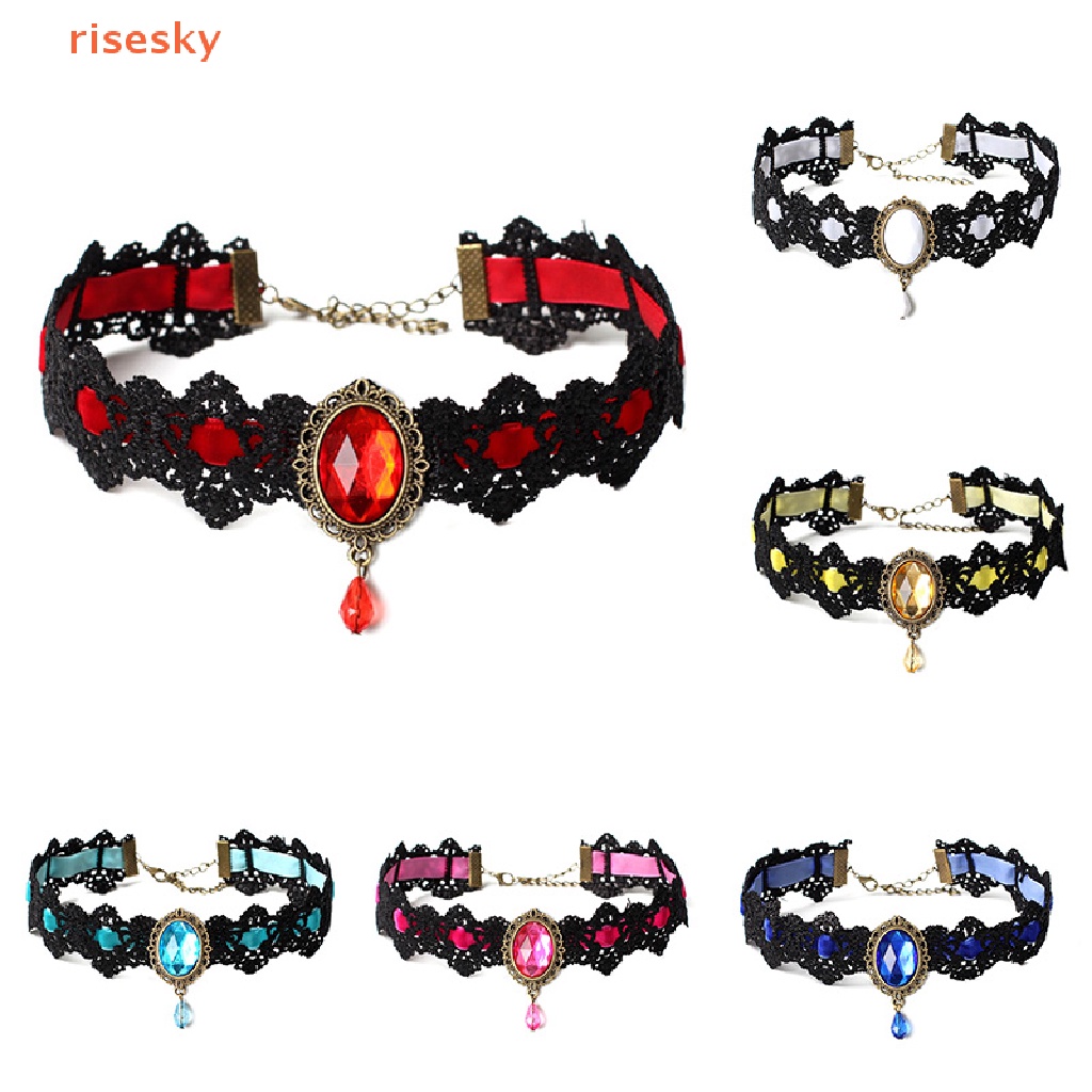 Vòng Cổ Choker Dây Nhung Đen Đính Đá Pha Lê Phong Cách Gothic Cổ Điển