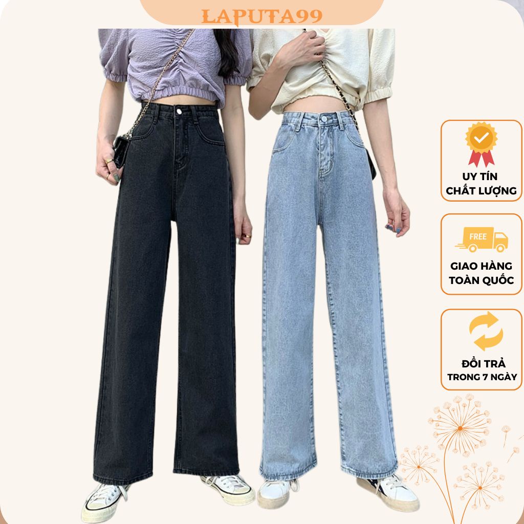 Quần jean bò nữ ống rộng màu xanh đen quần jeans bò ống suông nữ lưng cạp cao form rộng phong cách cá tính Laputa99