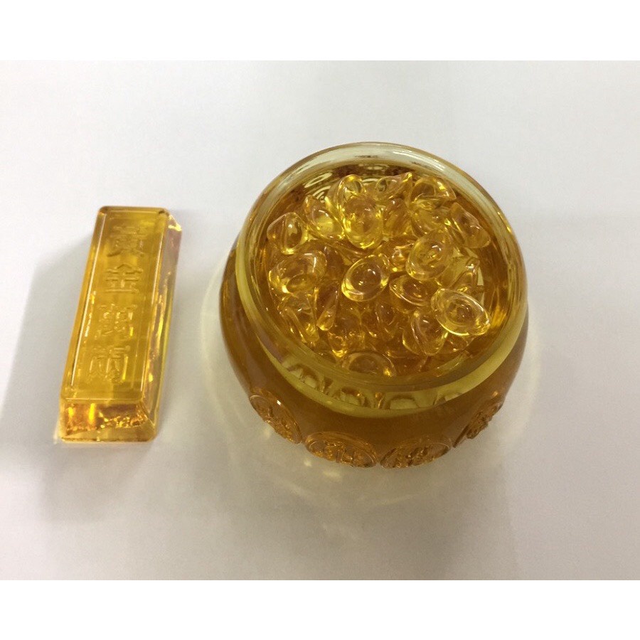 Bát tụ bảo 8cm 10cm+ thỏi vàng 2 cm + 1 vàng thẻ 6.5cm, hũ vàng pha lê chiêu tài lộc phong thủy