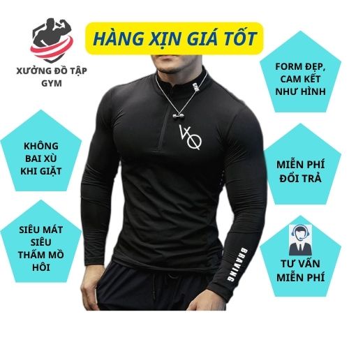 Áo Bomber Thể Thao Nam VQ Sport  thun lạnh tập gym cổ trụ dài tay vải thoáng mát co giãn chuẩn form Nam Tính