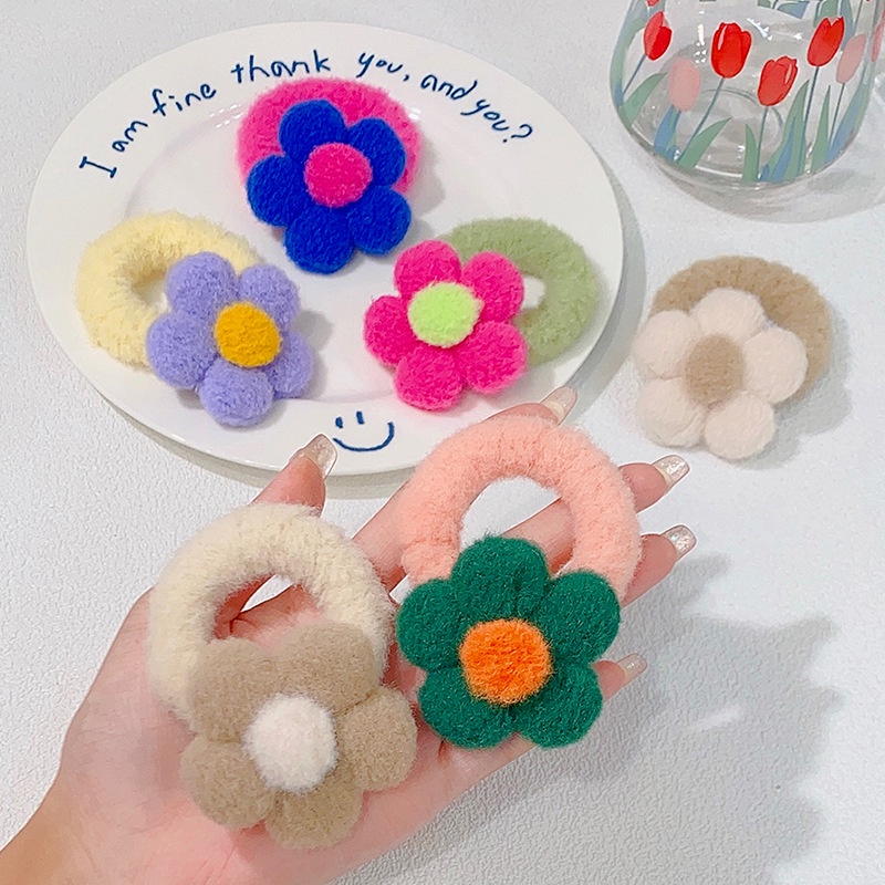 Dây Cột Tóc Đính Hoa Nhỏ Phủ Lông Màu Kẹo Dễ Thương Cho Bé Gái