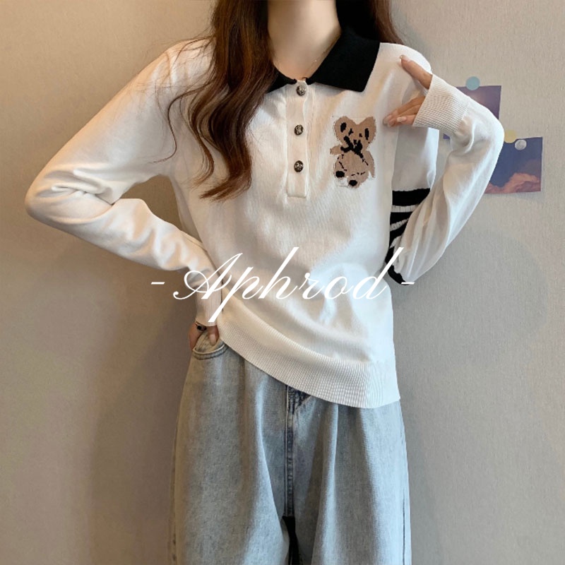 Áo polo Dệt Kim Tay Dài Thêu Hình Gấu Hoạt Hình Phong Cách Mùa Thu Dành Cho Nữ