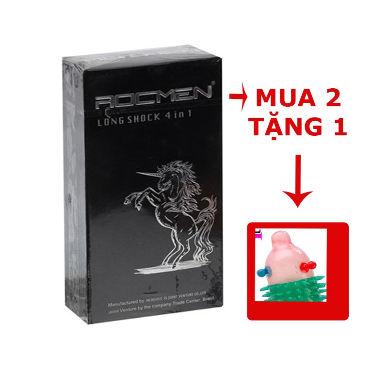 Bao cao su Rocmen đen Long shock 4 in 1 có gân, gai, thuốc kéo dài thời gian quan hệ lâu ra (hộp 12 cái)