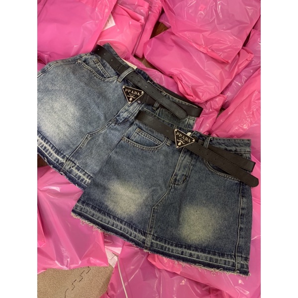 Chân váy jeans nữ MINI Kèm Đai PADA viền gấu tua hàng QC loại 1 - kèm ảnh thật hàng có sẵn