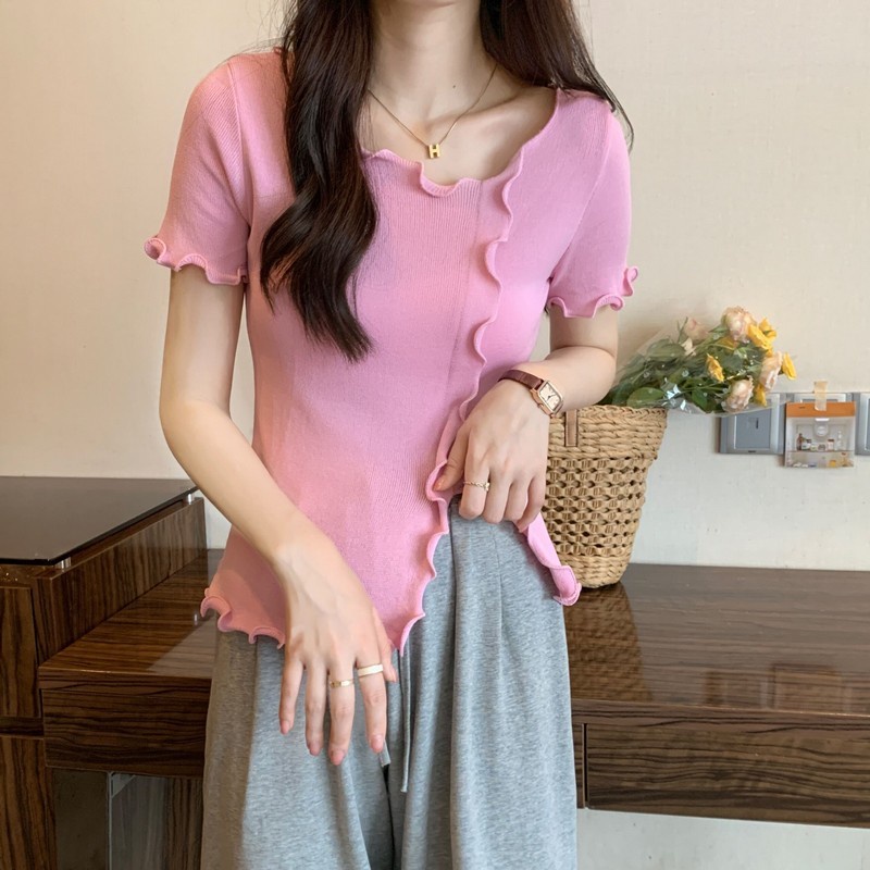Áo Thun Dệt Kim Ngắn Tay Xẻ Tà Thời Trang Mùa Hè Hàn Quốc