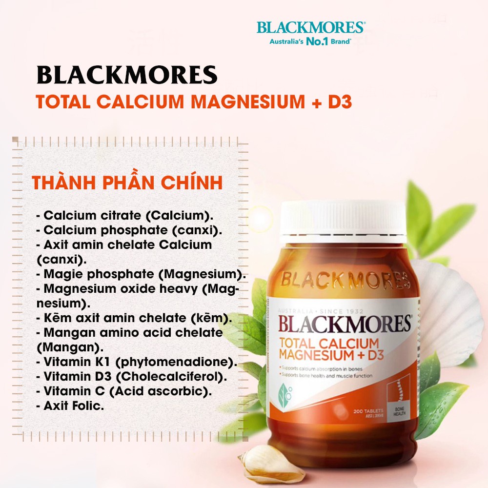 Viên uống Canxi, Magie, D3, hỗ trợ xương khớp Total Calcium & Magnesium + D3  Blackmores Úc 200 viên