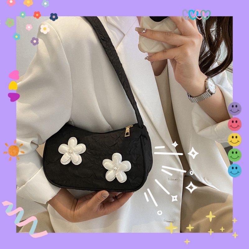 Túi xách đeo vai dáng oval đính Hoa trắng 💛 siêu cuteee