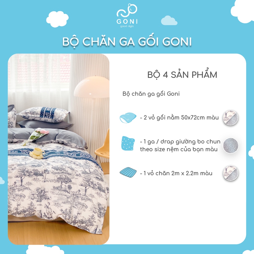 Bộ Chăn Ga Gối GONI Cotton Tici Hoạ Tiết Tranh Ký Hoạ Đủ Kích Thước Trải Nệm