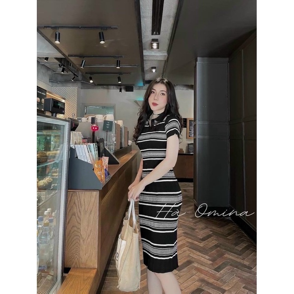 Váy len body kẻ,váy len polo dáng ôm dài qua gối, hàng quảng châu cao cấp