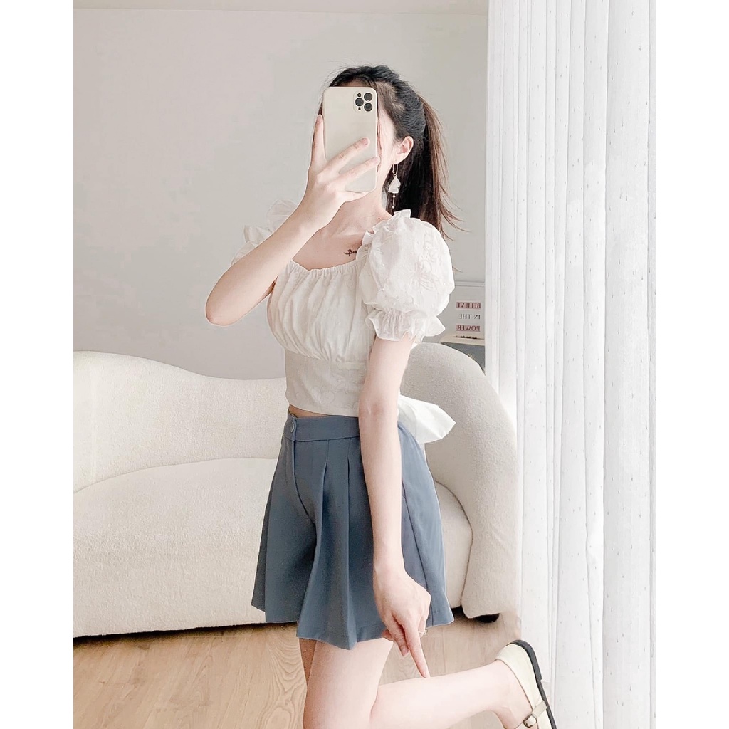Croptop Trễ Vai MYAN Thiết Kế Áo Cổ Vuông Chun Vai, Tay Bồng, Nơ Lưng Màu Trắng AVN072207