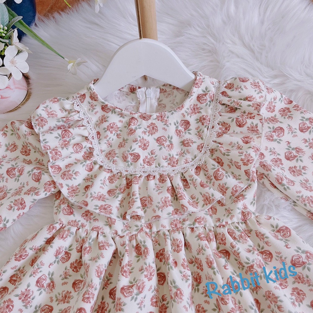 Váy Tết Cho Bé Gái Mùa Đông 7-32kg💝FREESHIP💝 Rabbit Kids- Đầm Dài Tay Trẻ Em Chất Nhung Nâu Cổ Bèo Cao Cấp Mềm Mại Ấm Áp