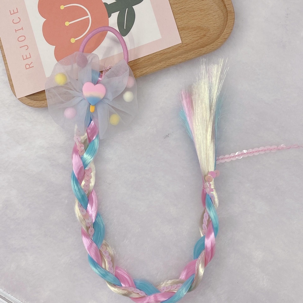 PVN57459 Dây Cột Kèm Tóc Nhân Tạo Nhiều Màu Kim Tuyến Lấp Lánh Cho Bé