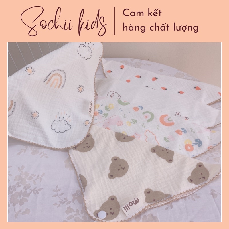 Set 3 khăn yếm giác đa năng vải xô muslin có khuy điều chỉnh họa tiết đáng yêu cho bé SoChi_Kids