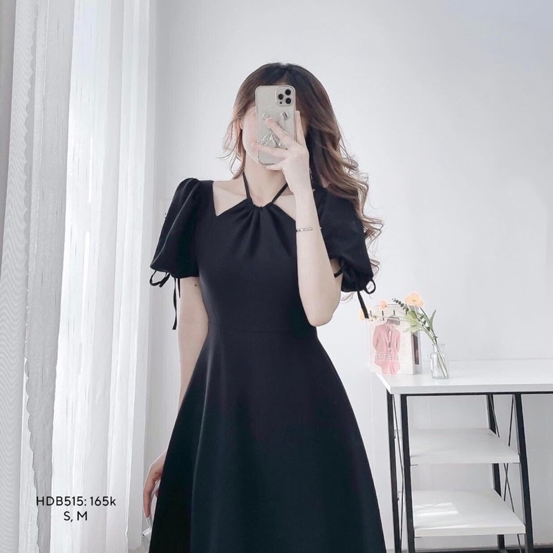 Váy dáng dài cổ yếm tay phồng rút dây ulzzang