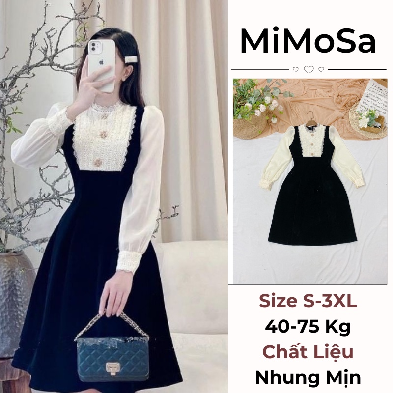 Đầm Dự Tiệc Thiết Kế Mimosa, Váy Nhung Bigsize Phối Ren Tay Voan Cúc Đính Đá Sang Trọng , Thanh Lịch 122