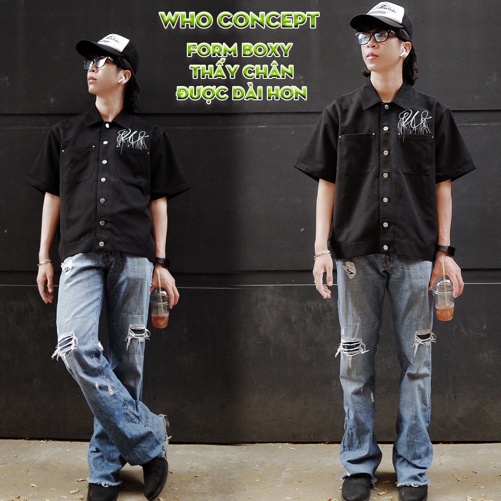 Áo sơ mi tay ngắn WHO CONCEPT, sơ mi boxy màu đen, nút kim loại