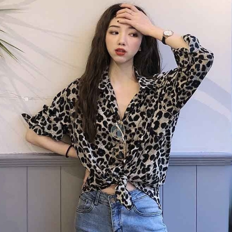 Áo Sơ Mi Tay Dài Dáng Rộng In Họa Tiết Da Báo Kiểu Retro Hàn Quốc Thời Trang Cho Nữ