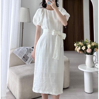 Meet - đầm trắng dáng suông tay bồng kèm belt