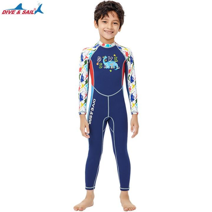 Đồ bơi bé trai, giữ nhiệt, liền thân tay dài quần dài chống nắng, chất liệu Cao su neoprene dày 2mm size từ 14kg - 36kg