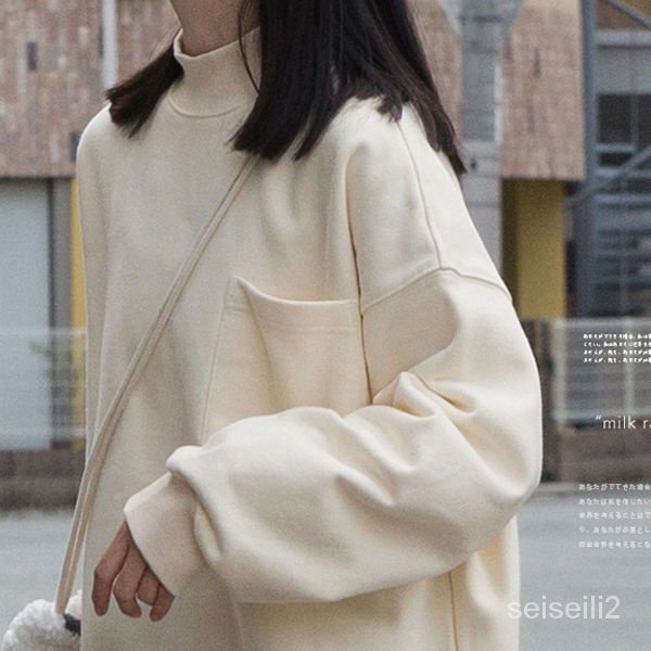 Áo Sweatshirt Lót Lông Cừu Dày oversize Cổ Cao Màu Trơn Màu Sắc Mơ Mộng Nhật Bản Mùa Thu Đông Cho Nữ