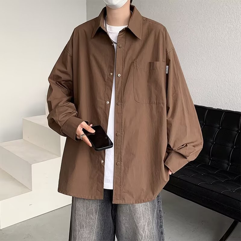 Áo Sơ Mi Màu Nâu Trơn Dáng Rộng Phong Cách Mới Mùa Xuân Dễ Phối Đồ Cho Nam Size M-3XL