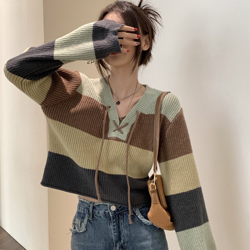 Áo len nữ cổ tròn dài tay, Korean fashion horizontal stripe cardigan