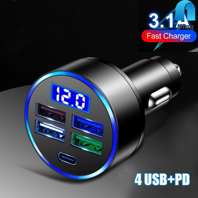 Củ Sạc Nhanh 4 Cổng Usb Type-c Màn Hình Led Kỹ Thuật Số Hiển Thị Thời Gian Thực Với Bộ Sạc Điện Áp 5 Trong 1 Cho Xe