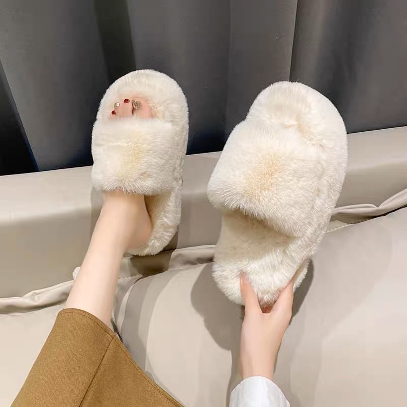 Dép lông thỏ cho nữ đế dày cao 7cm thời gian mùa đông siêu ấm chân