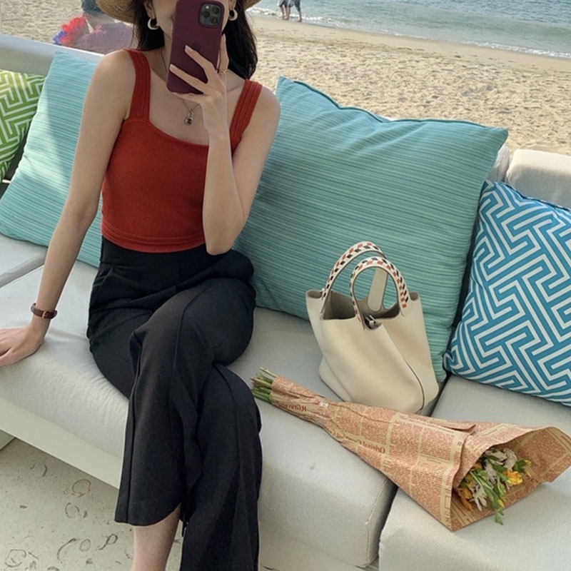 ZHELIHANGFEI Áo Sweater Sát Nách Lưng Cao Kẻ Sọc Thiết Kế Dễ Thương